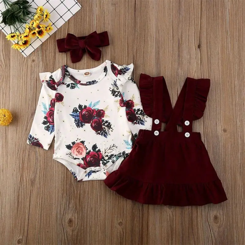 Newborn Baby Girl Clothes Set Floral Bodysuit Romper Jumpsuit Tops T Shirt Suspender Skirts Bow Head