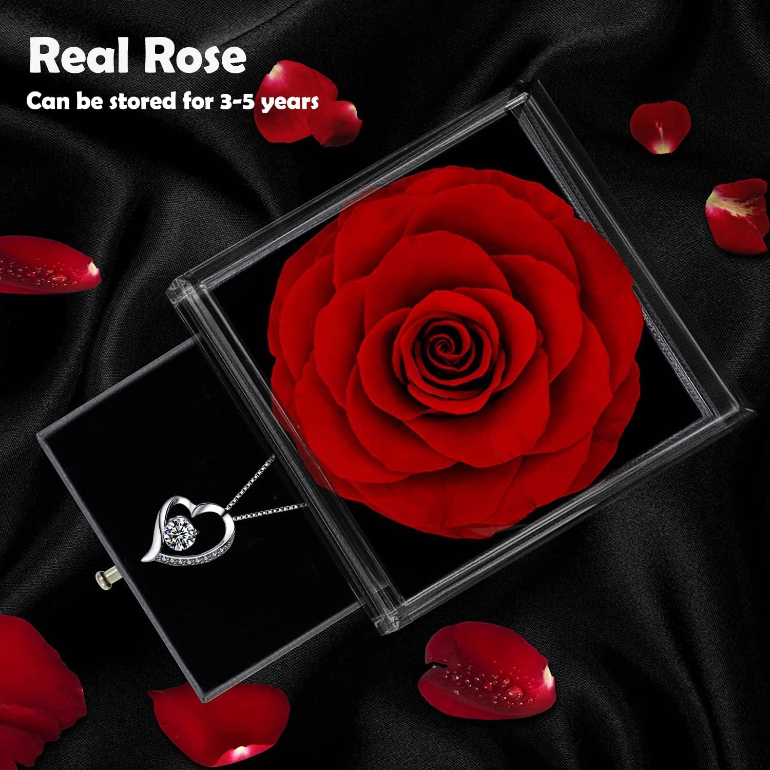 Forever Red Rose Gift Box with Necklace - Real Eternal Rose with 925 Sterling Silver Women Necklace Inside,Enchanted Real Rose Flower for Valentine'S Day Anniversary Wedding Romantic Gifts for Her.