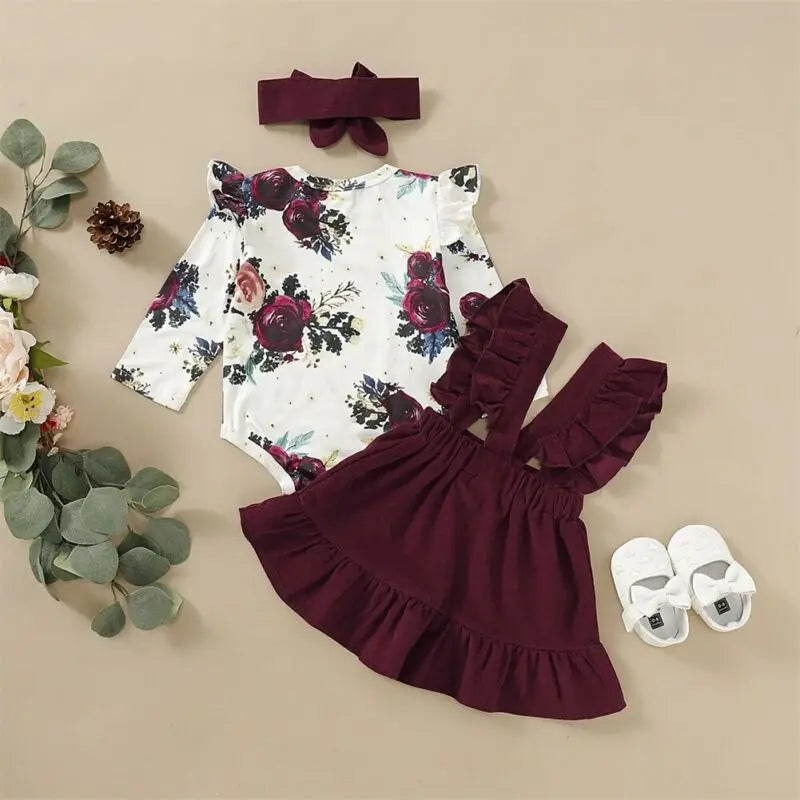 Newborn Baby Girl Clothes Set Floral Bodysuit Romper Jumpsuit Tops T Shirt Suspender Skirts Bow Head