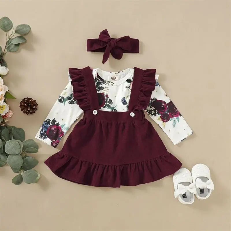 Newborn Baby Girl Clothes Set Floral Bodysuit Romper Jumpsuit Tops T Shirt Suspender Skirts Bow Head
