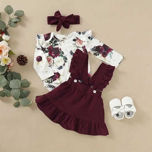 Newborn Baby Girl Clothes Set Floral Bodysuit Romper Jumpsuit Tops T Shirt Suspender Skirts Bow Head