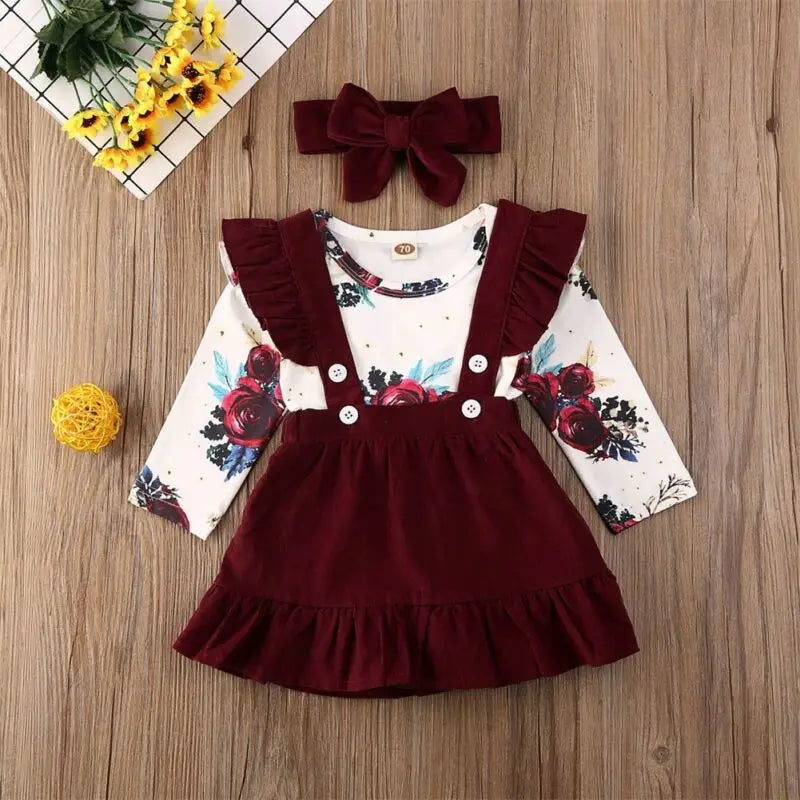 Newborn Baby Girl Clothes Set Floral Bodysuit Romper Jumpsuit Tops T Shirt Suspender Skirts Bow Head