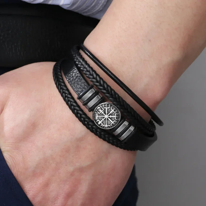 Vintage Punk Men Leather Bracelets  All-match Multi-layer Braided Leather Bracelets Scripture Compass