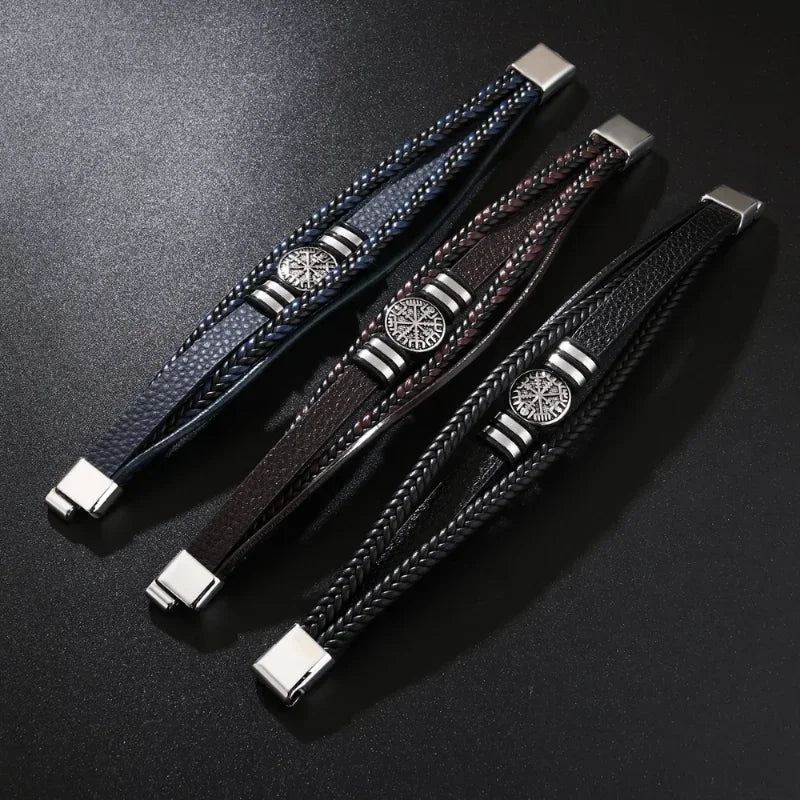 Vintage Punk Men Leather Bracelets  All-match Multi-layer Braided Leather Bracelets Scripture Compass