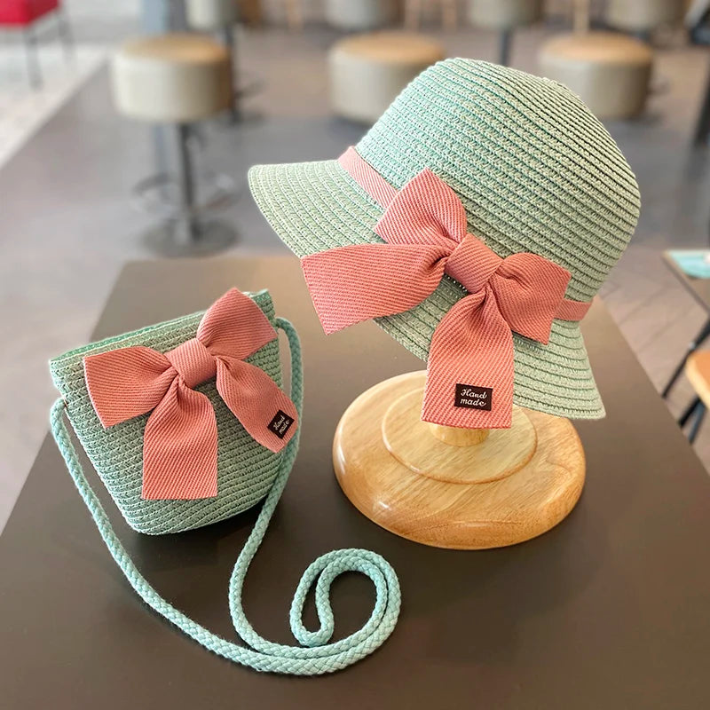 2-8 Years Kids Sun Hat Girls Summer New Straw Bag Cap Set Baby Travel Sun Prot