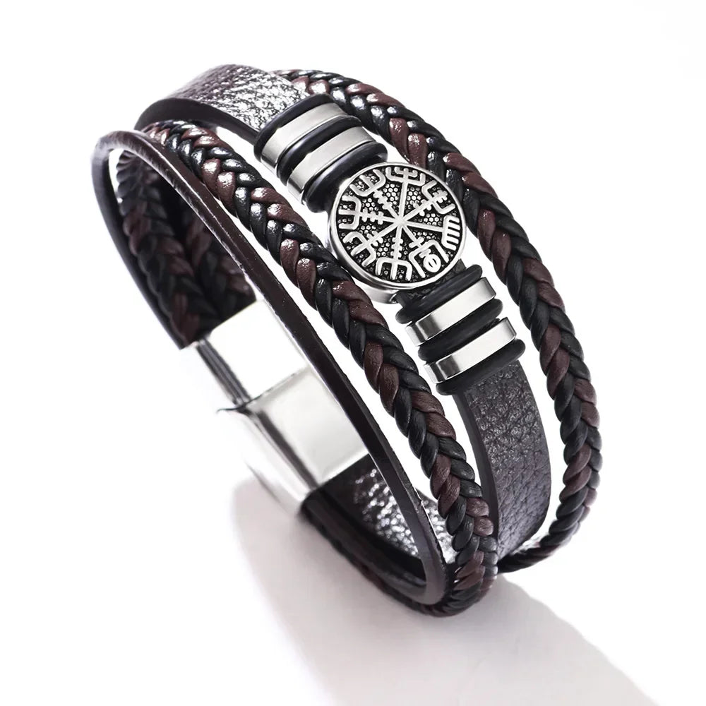 Vintage Punk Men Leather Bracelets  All-match Multi-layer Braided Leather Bracelets Scripture Compass