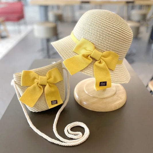 2-8 Years Kids Sun Hat Girls Summer New Straw Bag Cap Set Baby Travel Sun Prot