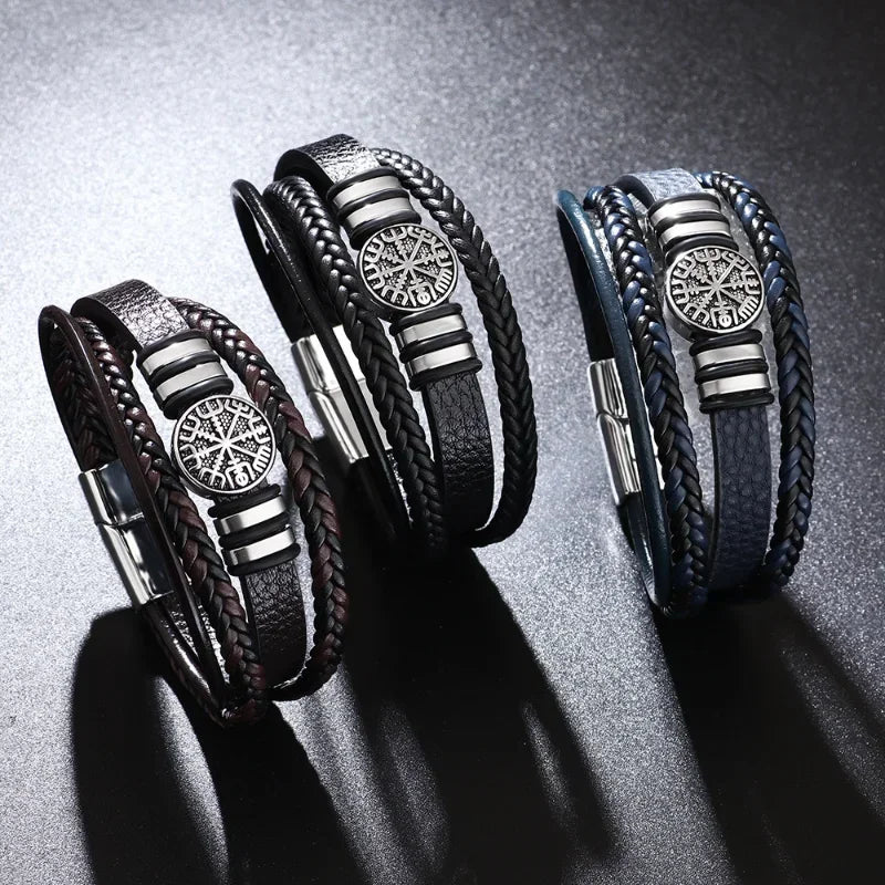 Vintage Punk Men Leather Bracelets  All-match Multi-layer Braided Leather Bracelets Scripture Compass