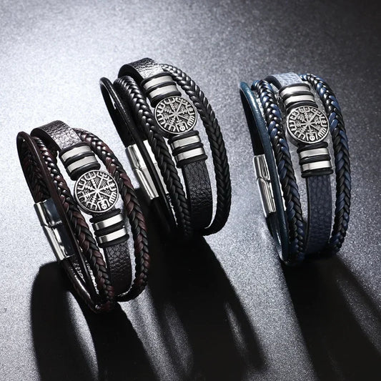 Vintage Punk Men Leather Bracelets  All-match Multi-layer Braided Leather Bracelets Scripture Compass