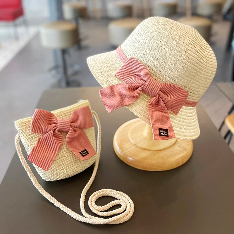 2-8 Years Kids Sun Hat Girls Summer New Straw Bag Cap Set Baby Travel Sun Prot