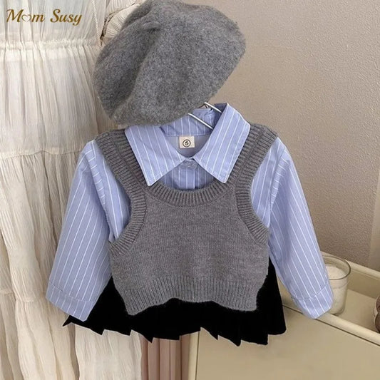 Fashion Baby Girl Clothes Set Shirt Vest Pleated Skirt Infant Spring Autumn Winter Baby Clothes 1-10Y