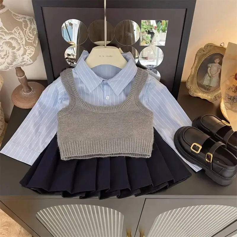 Fashion Baby Girl Clothes Set Shirt Vest Pleated Skirt Infant Spring Autumn Winter Baby Clothes 1-10Y
