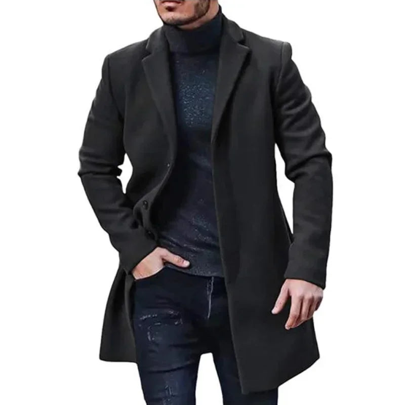 New Men's Coat Woolen Overcoat  Windbreaker Solid Color Trench Autumn and Winter