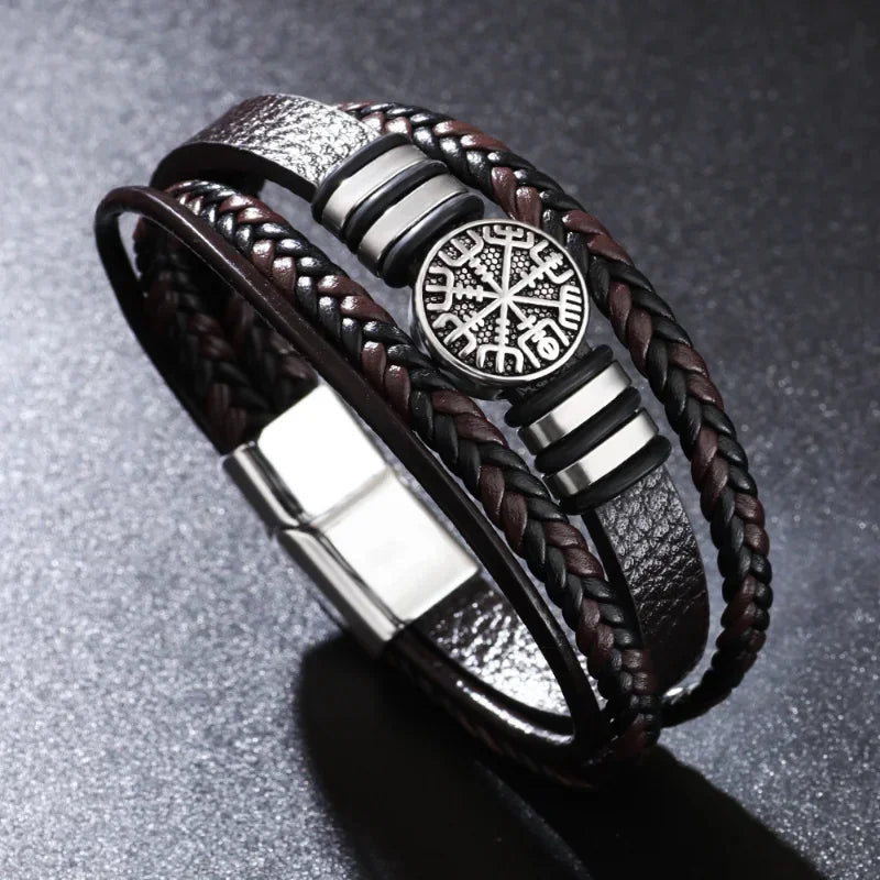 Vintage Punk Men Leather Bracelets  All-match Multi-layer Braided Leather Bracelets Scripture Compass