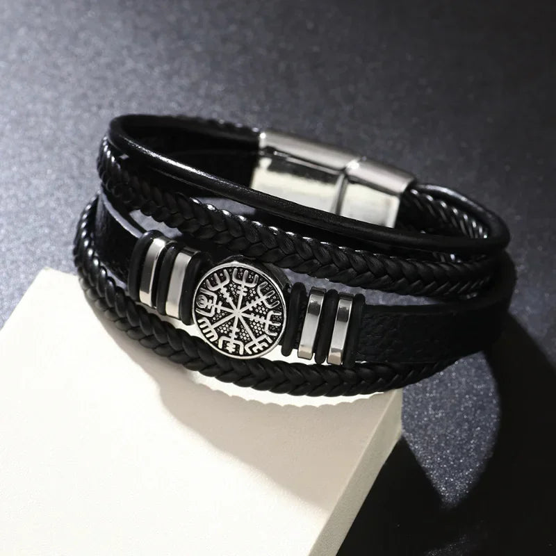 Vintage Punk Men Leather Bracelets  All-match Multi-layer Braided Leather Bracelets Scripture Compass