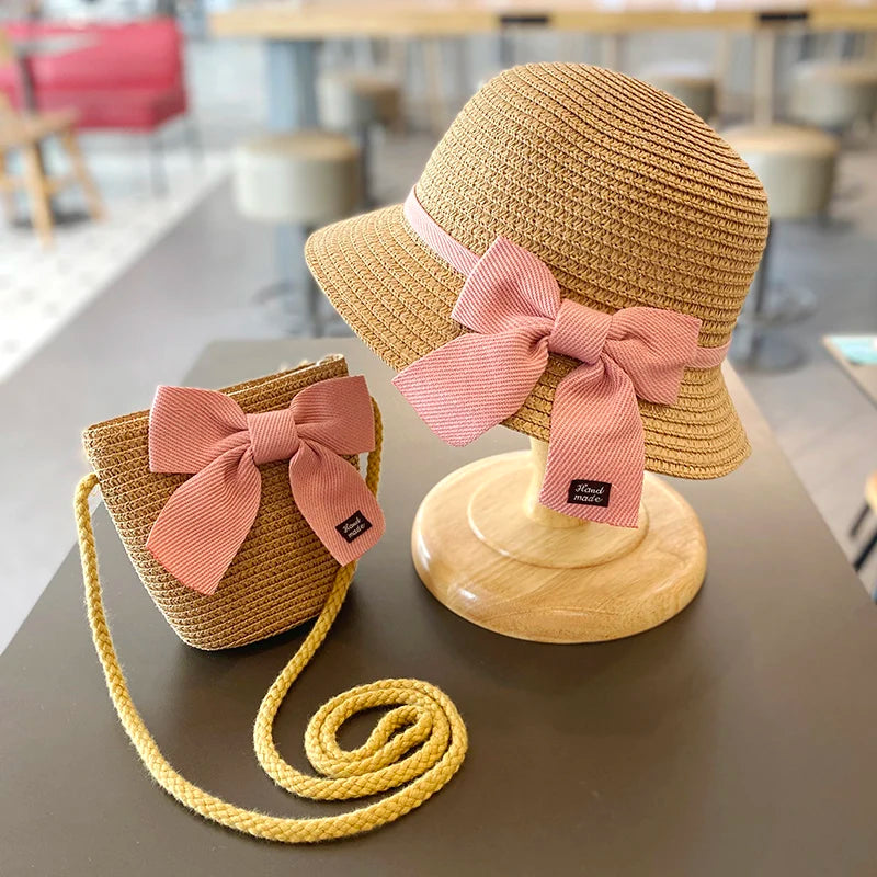 2-8 Years Kids Sun Hat Girls Summer New Straw Bag Cap Set Baby Travel Sun Prot