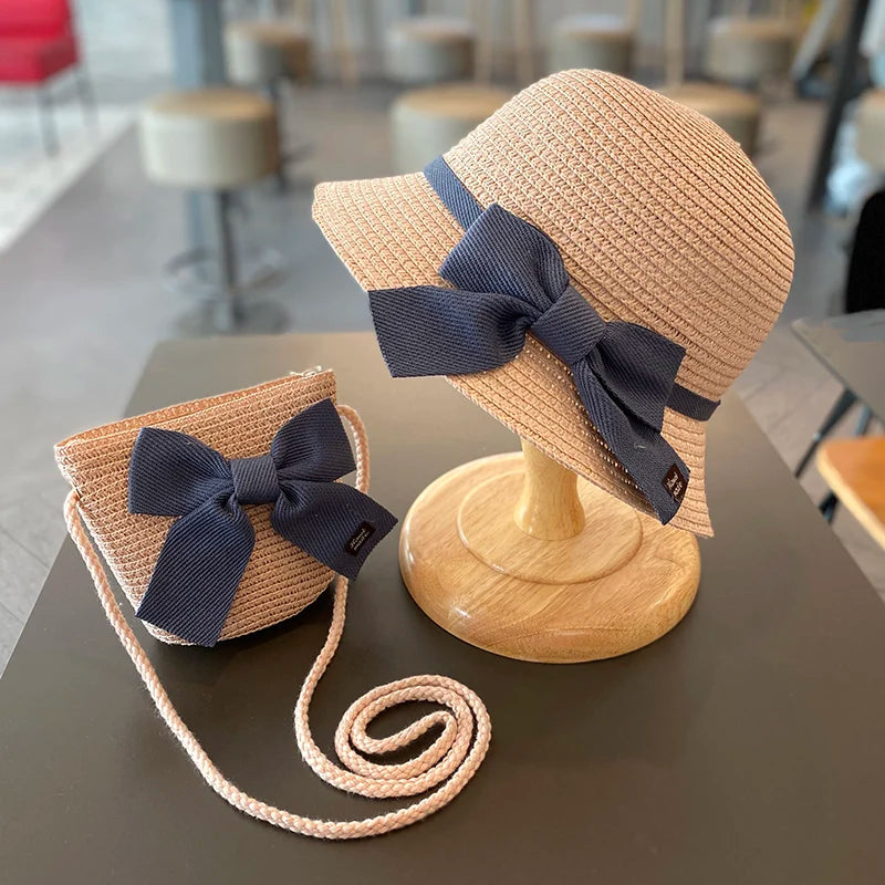 2-8 Years Kids Sun Hat Girls Summer New Straw Bag Cap Set Baby Travel Sun Prot