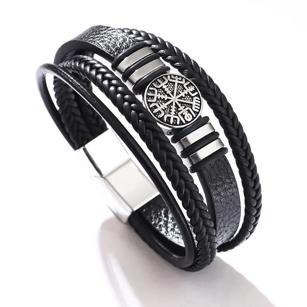 Vintage Punk Men Leather Bracelets  All-match Multi-layer Braided Leather Bracelets Scripture Compass