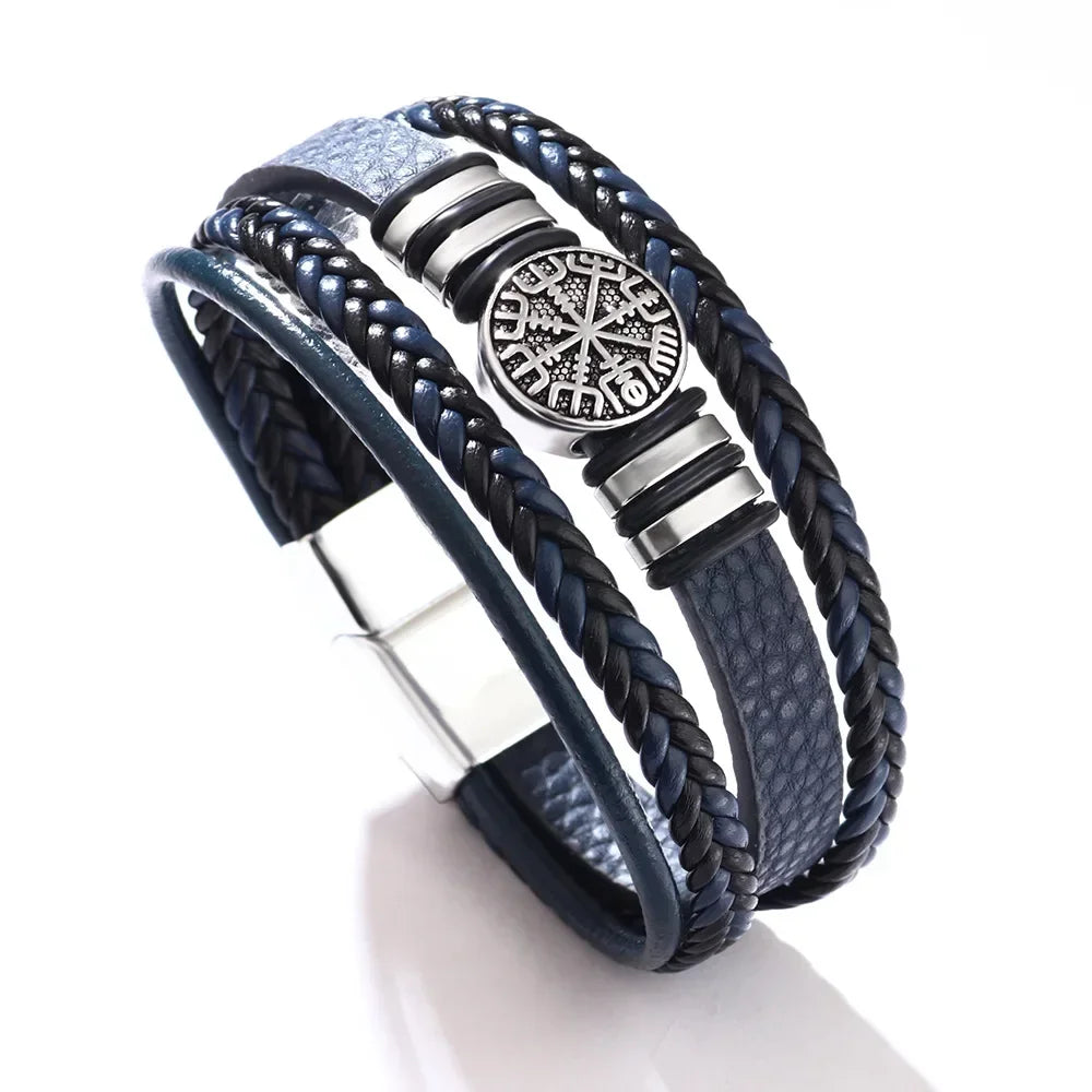Vintage Punk Men Leather Bracelets  All-match Multi-layer Braided Leather Bracelets Scripture Compass